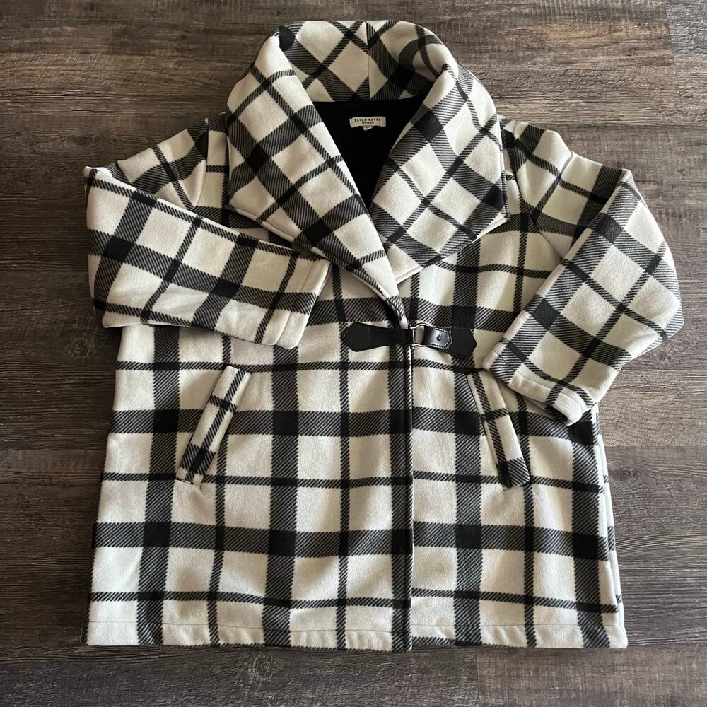 Ellen Reyes Women’s Plaid Belted Coat Jacket Black Cream 2X NWOT black and white